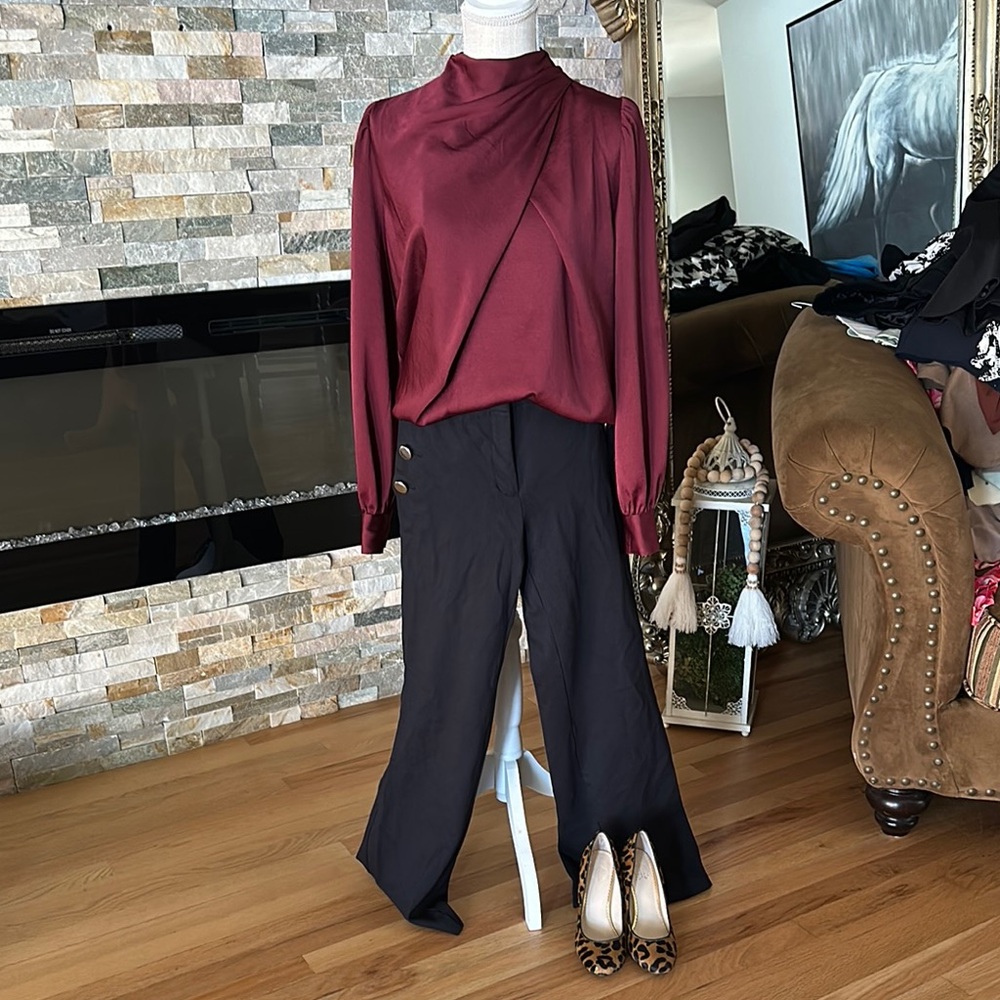 Red Express Blouse and Ann Taylor Black Wide Leg Pants for Office Wear